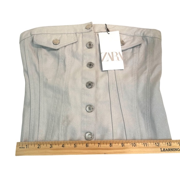 ZARA Women’s Strapless Button Front Corset Style Denim CroppedTop Sz:S SilverNWT - Picture 13 of 16